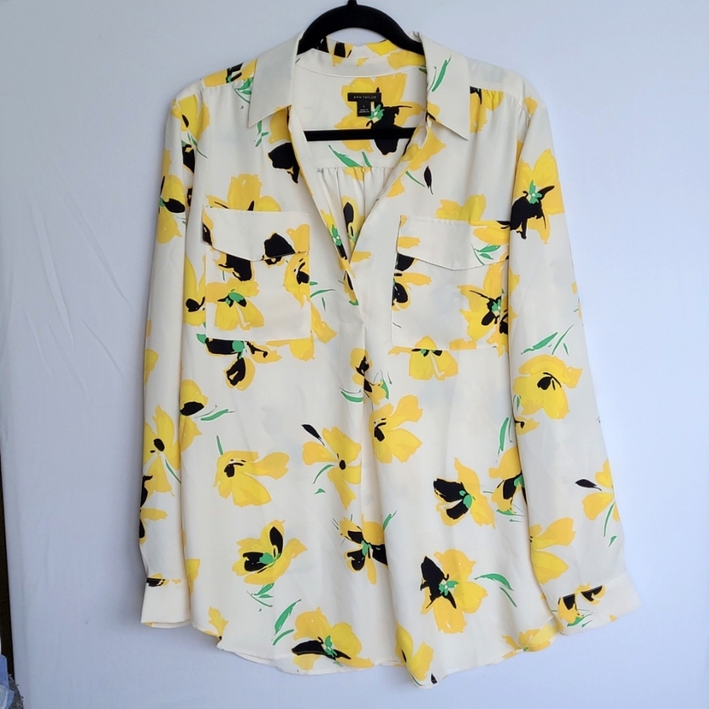 Ann Taylor Blush Floral Blouse Black Yellow Size L